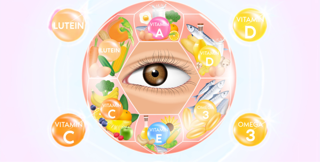 A woman's eye framed by an array of vitamins and minerals, emphasizing the importance of nutrition in managing glaucoma.