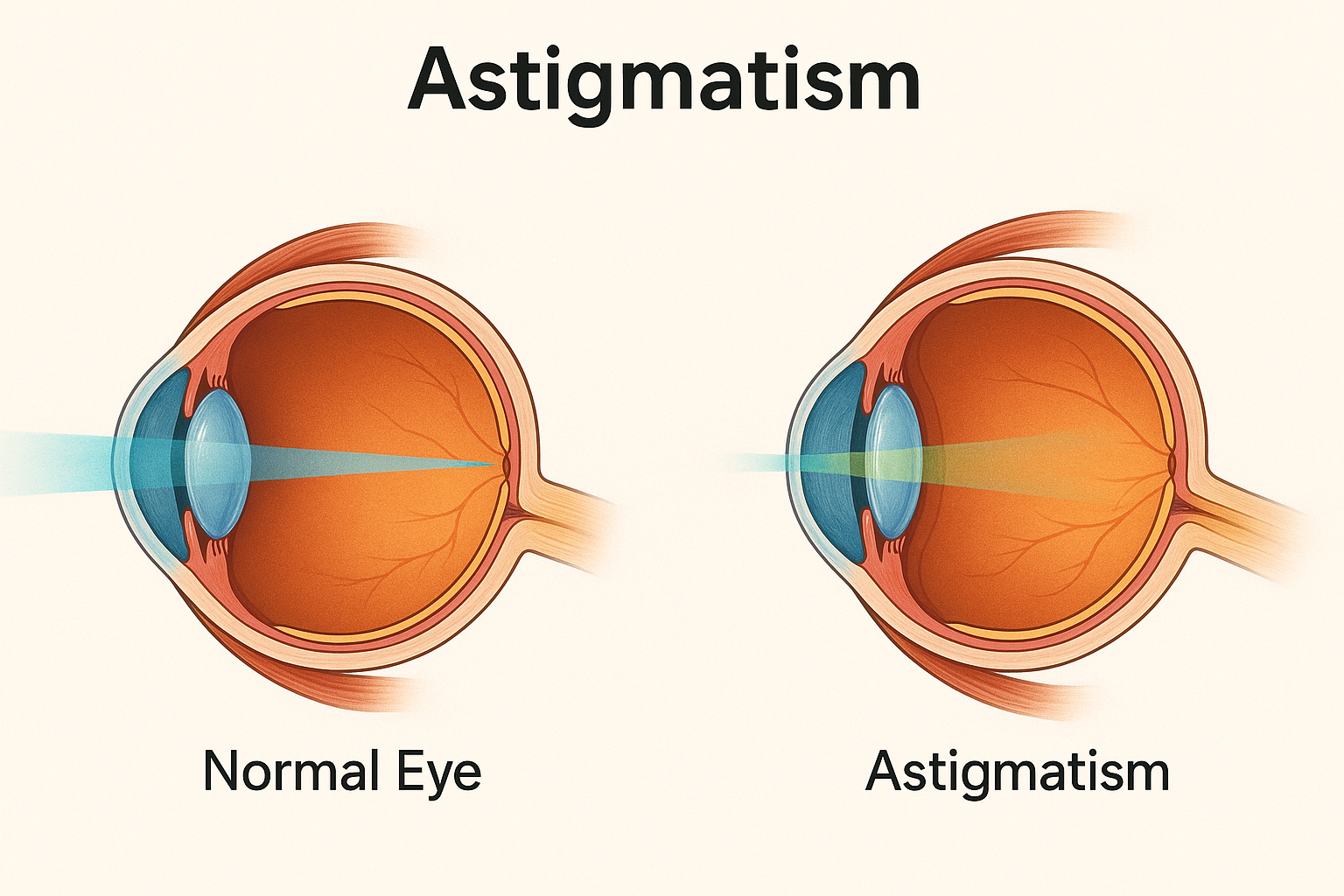 Visual representation showing normal vision versus astigmatism, highlighting the distortion in sight experienced by individuals.