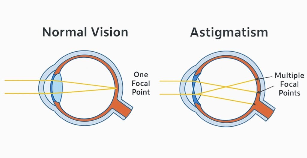 Illustration comparing normal vision and astigmatism, showing clear vs. blurred vision effects.