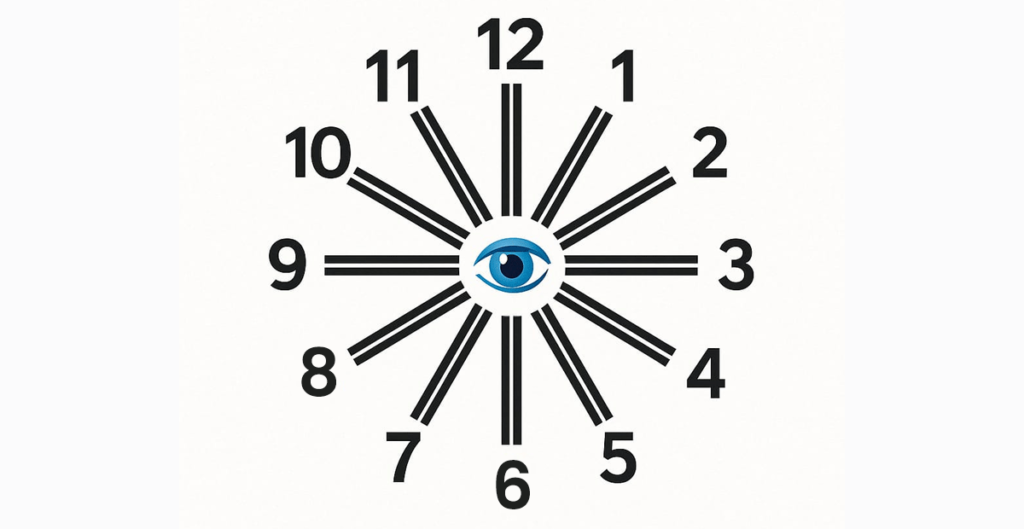A clock featuring a blue eye design, used for an online astigmatism test.