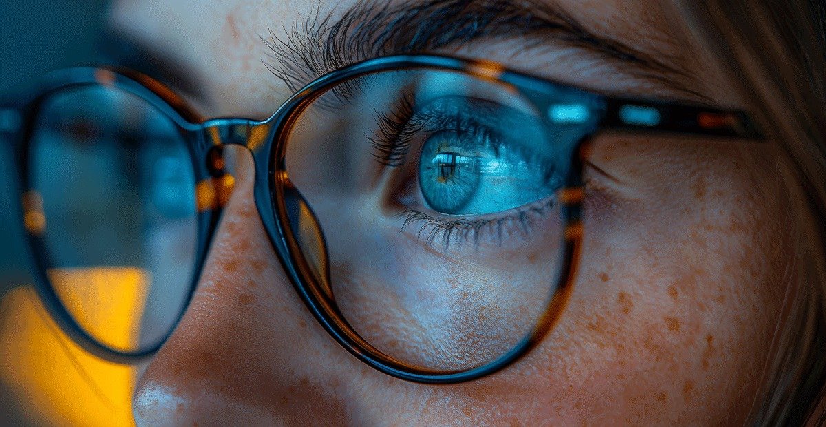 Close-up of a woman's eye wearing blue light glasses, highlighting the topic of eye strain and its myths and facts.