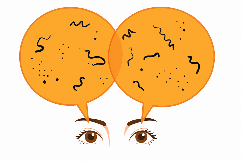 Illustration of two eyes looking upward with overlapping orange thought bubbles filled with black squiggly lines and dots, symbolizing eye floaters.