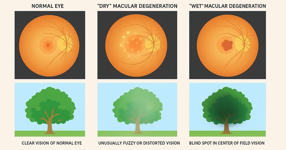 Diagram illustrating the stages of macular degeneration, highlighting changes in vision and potential surgical interventions.