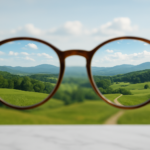 A person holds glasses, gazing at a lush green field, symbolizing clarity and vision in the context of bilateral myopia.