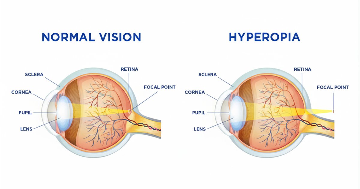 Visual representation of normal vision alongside hyperopia, highlighting the lenses that correct hyperopia.