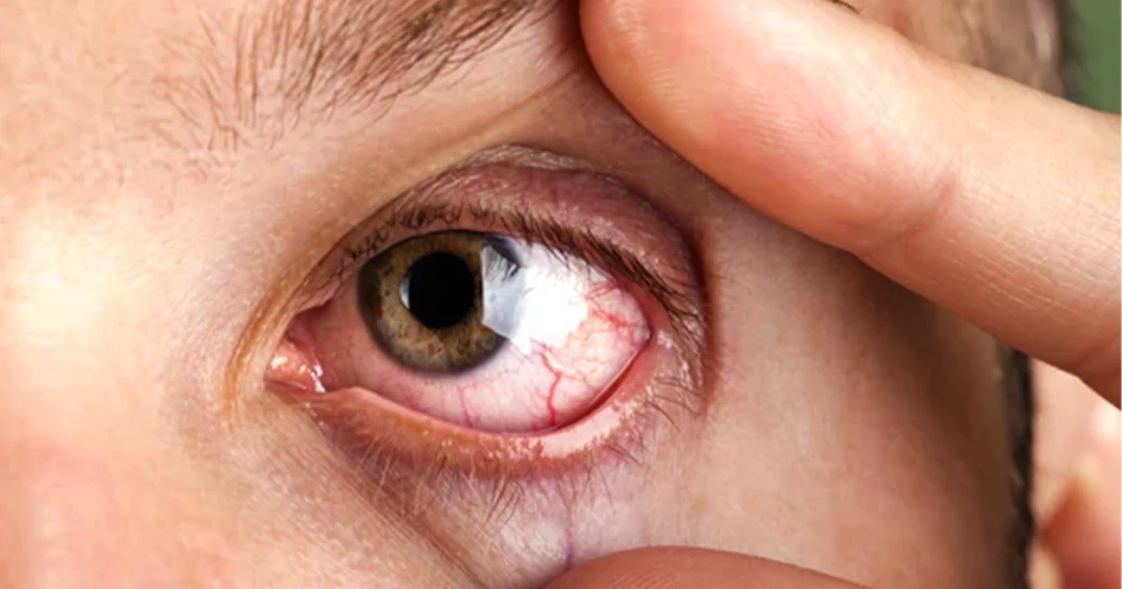 Close-up of irritated red eye showing severe dryness